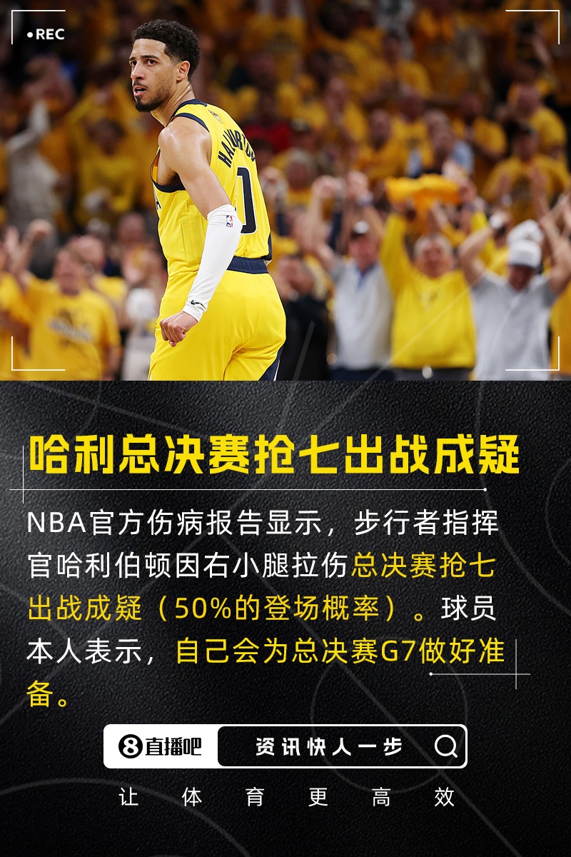 哈利伯顿总决赛抢七被列为出战成疑💪本人：我会为G7做好准备