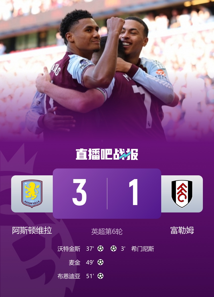 英超首胜！维拉3-1逆转富勒姆 沃特金斯赛季首球卡什手球未判点